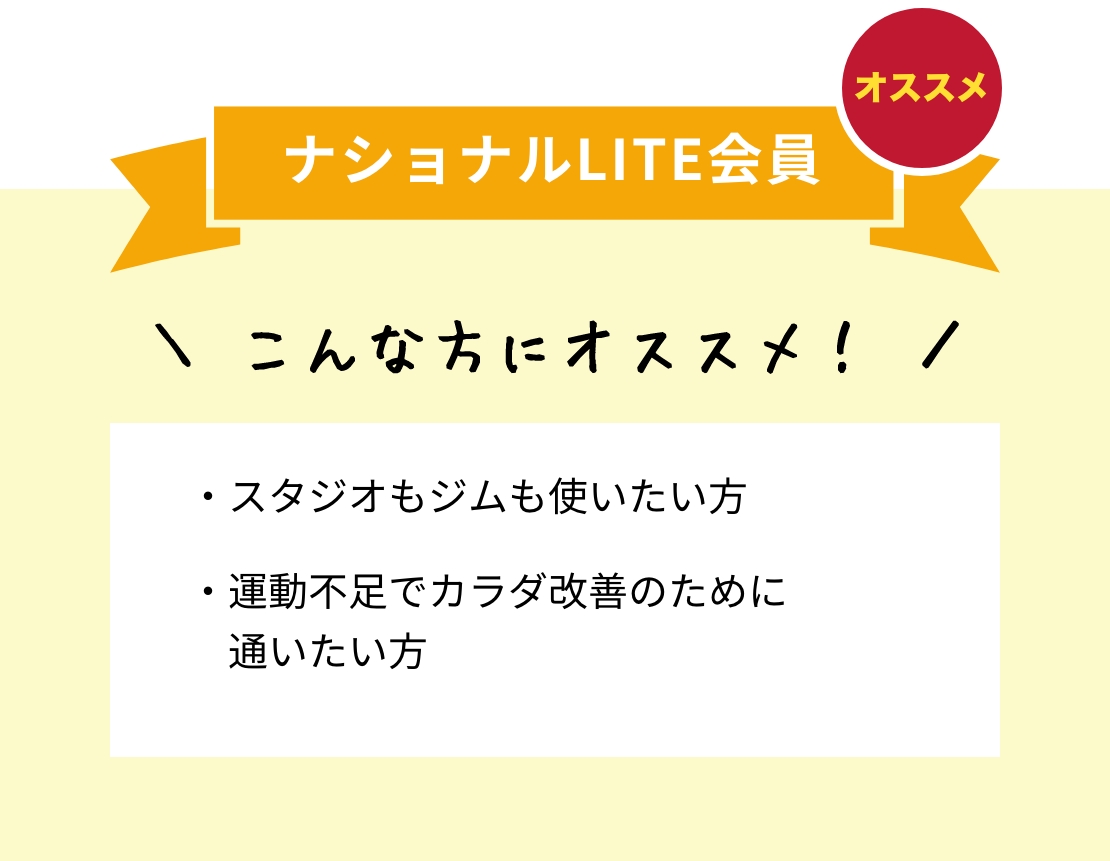 ナショナル会員 運動不足で健康改善のために通いたい・ジムだけでなく、スタジオレッスンで楽しく続けたい方・運動後にお風呂やシャワー・マッサージチェアでリラックスもしたい方方にオススメ！