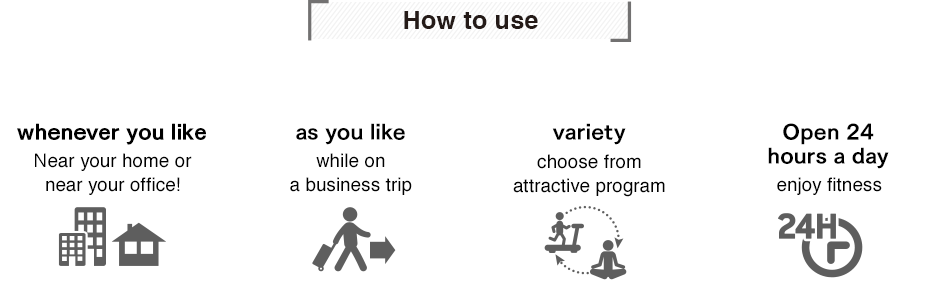 例えばこんな使い方。【会社帰りに】自宅でも、勤め先でも。どこからでも！。【出張先で】帰省中や出張時にも利用可能！【いつもと違う体験】店舗独自の好きなプログラムを選べる！【24時間利用可能】昼はスタジオ、夜は24hジムで。